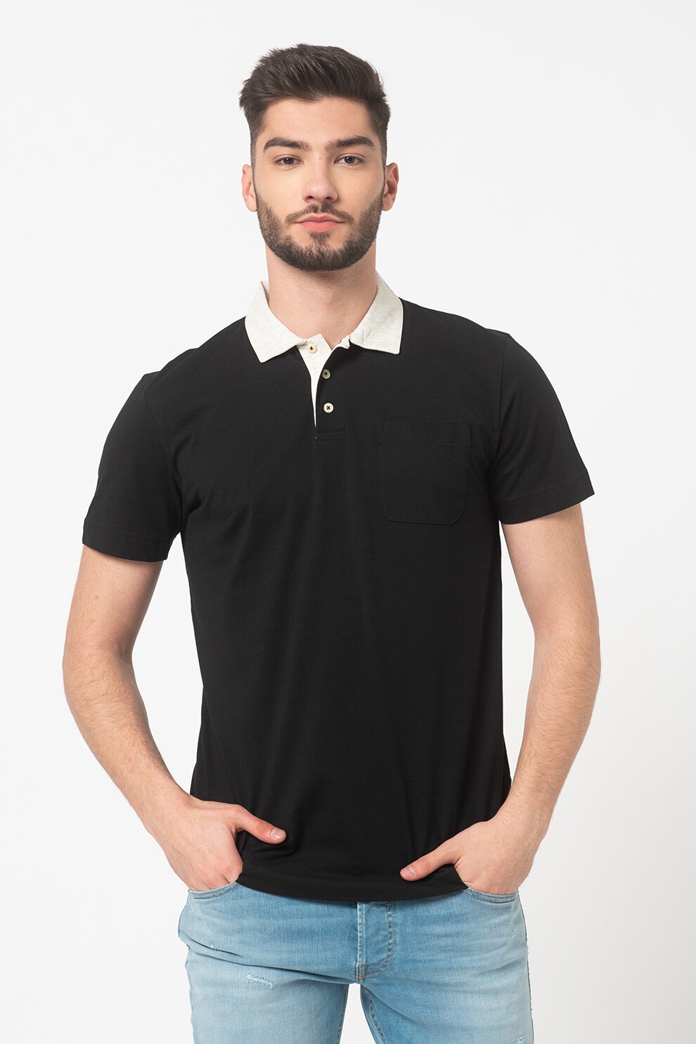 Selected Homme, Tricou polo cu guler contrastant Nigel, Negru/Gri deschis melange, S