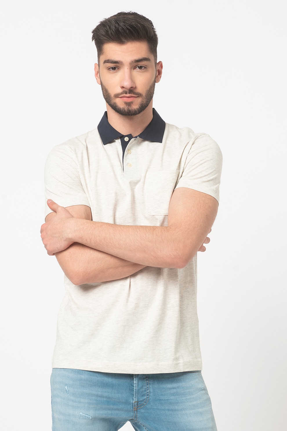 Selected Homme, Tricou polo cu guler contrastant Nigel, Gri deschis melange/Bleumarin, S