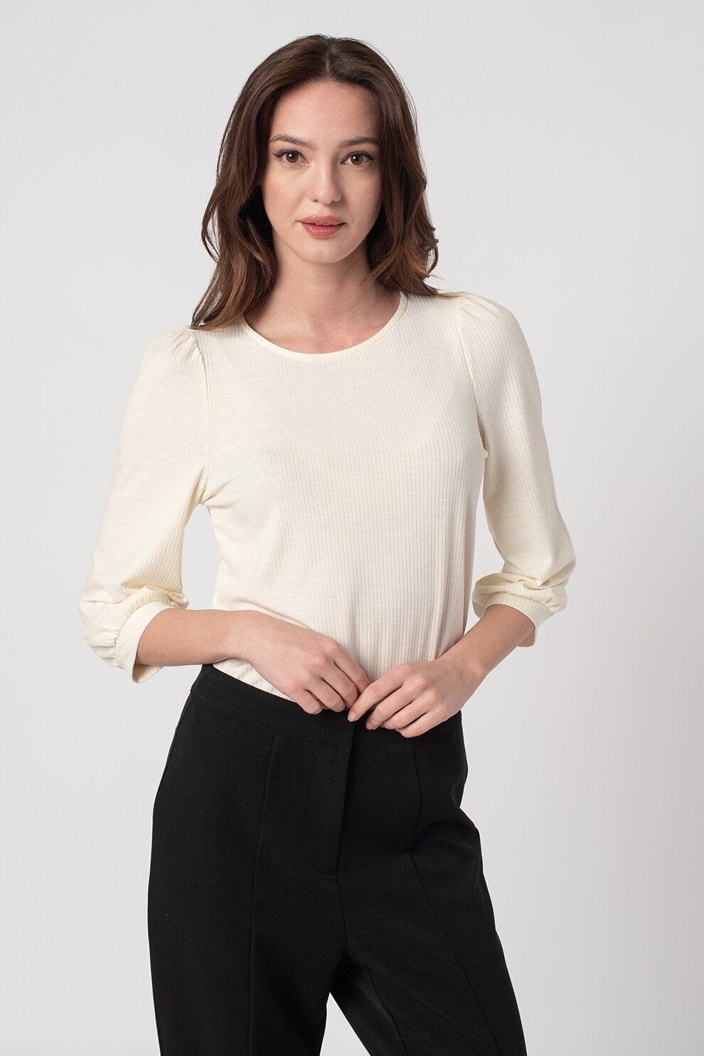 Vero Moda, Bluza cu striatii cu maneci 3/4 Franca, Alb prafuit