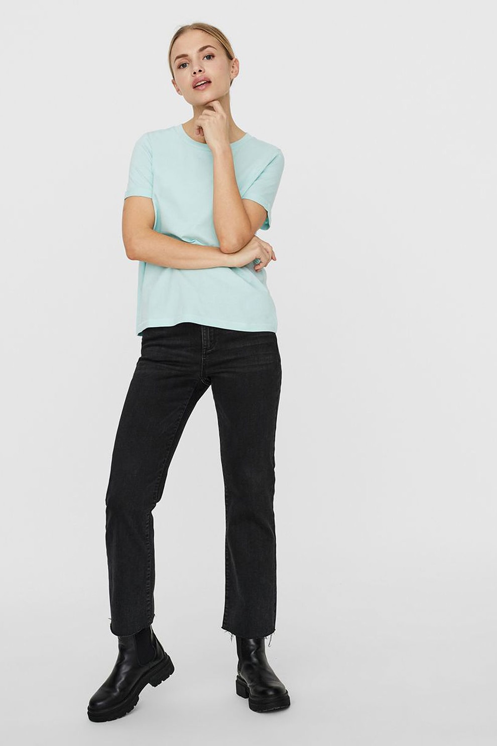 Vero Moda, Tricou din bumbac organic cu decolteu la baza gatului, Albastru pastel