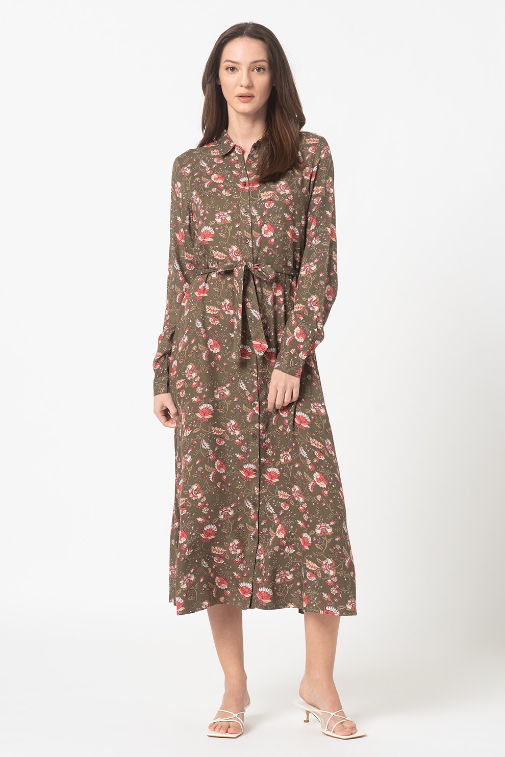 Only, Rochie tip camasa cu imprimeu floral si prindere cu cordon Bellis, verde inchis, roz, oranj, M