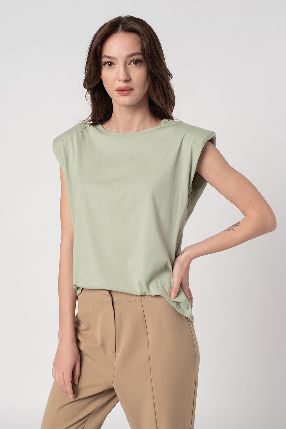 Only, Tricou de bumbac organic cu umeri dublati Pernille, Verde pal, L
