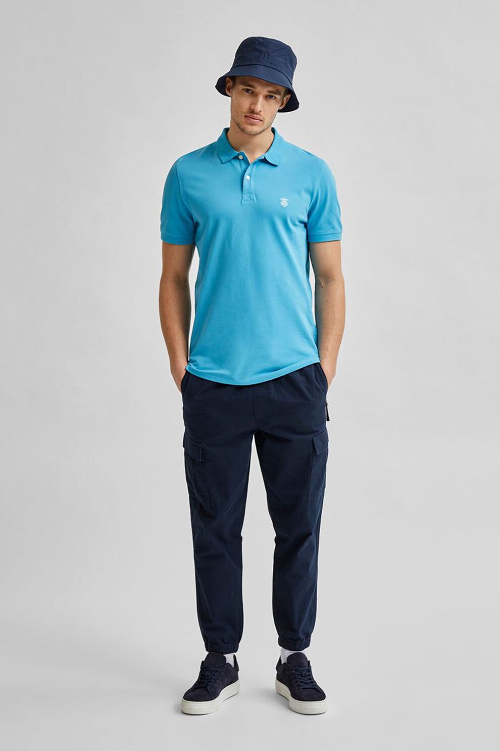 Selected Homme, Tricou polo din pique si bumbac organic, Albastru aqua