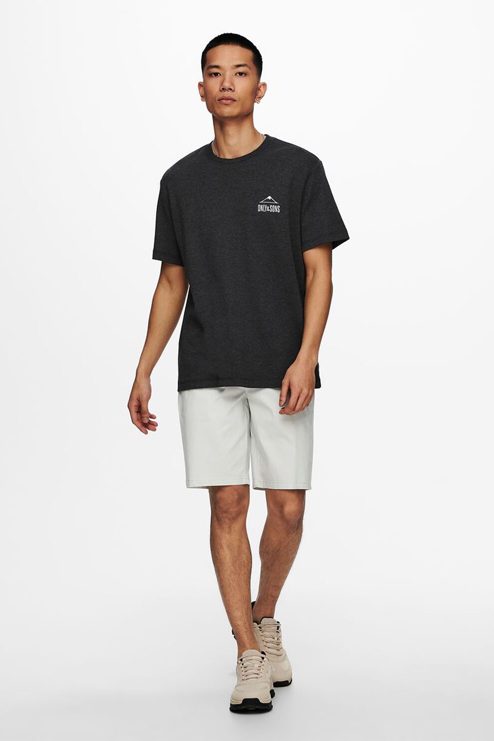 Only & Sons, Tricou cu decolteu la baza gatului si imprimeu, Negru stins
