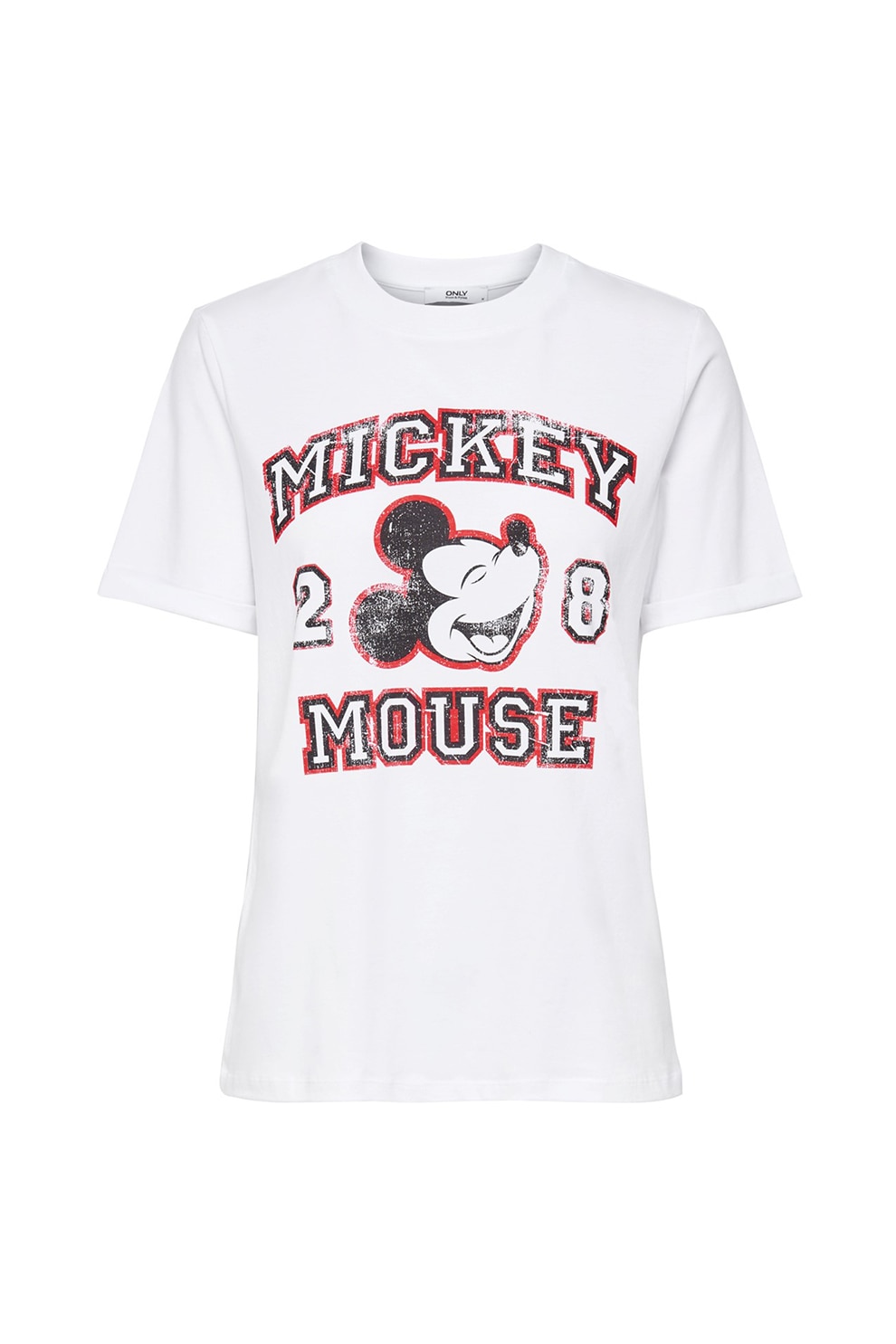 Only, Tricou cu decolteu la baza gatului si imprimeu Mickey Mouse, Alb