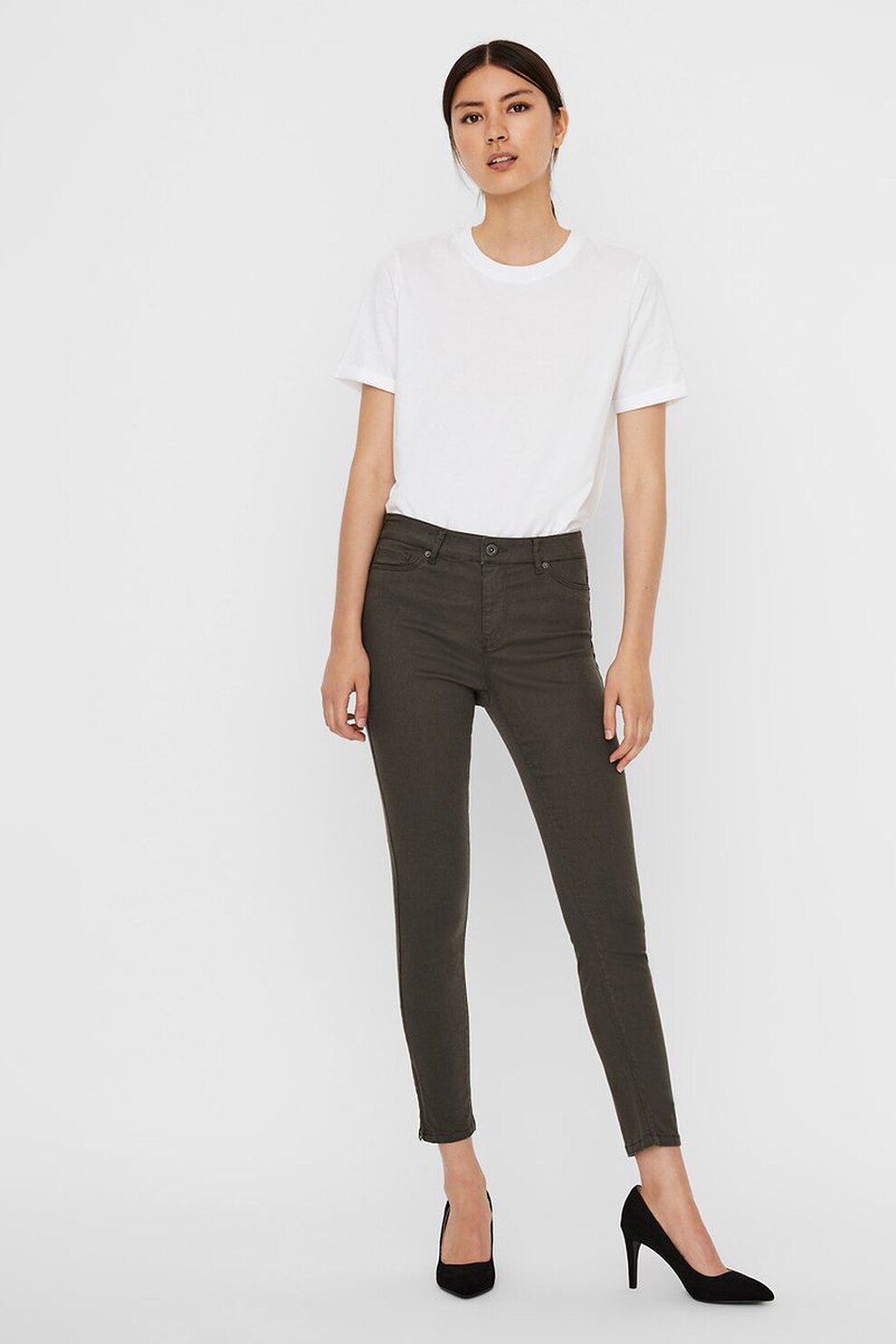 Vero Moda, Pantaloni slim fit cu slituri cu fermoar la nivelul gleznei, Maro inchis, XS-L32
