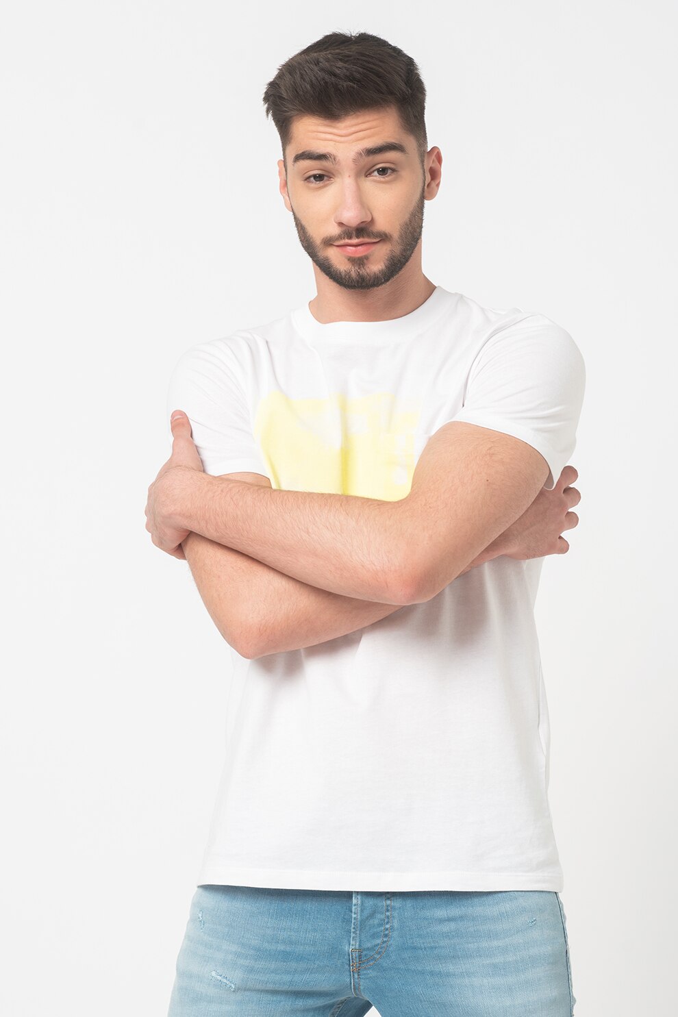 Selected Homme, Tricou de bumbac organic cu buzunar pe piept Horizon, Alb/Verde lime