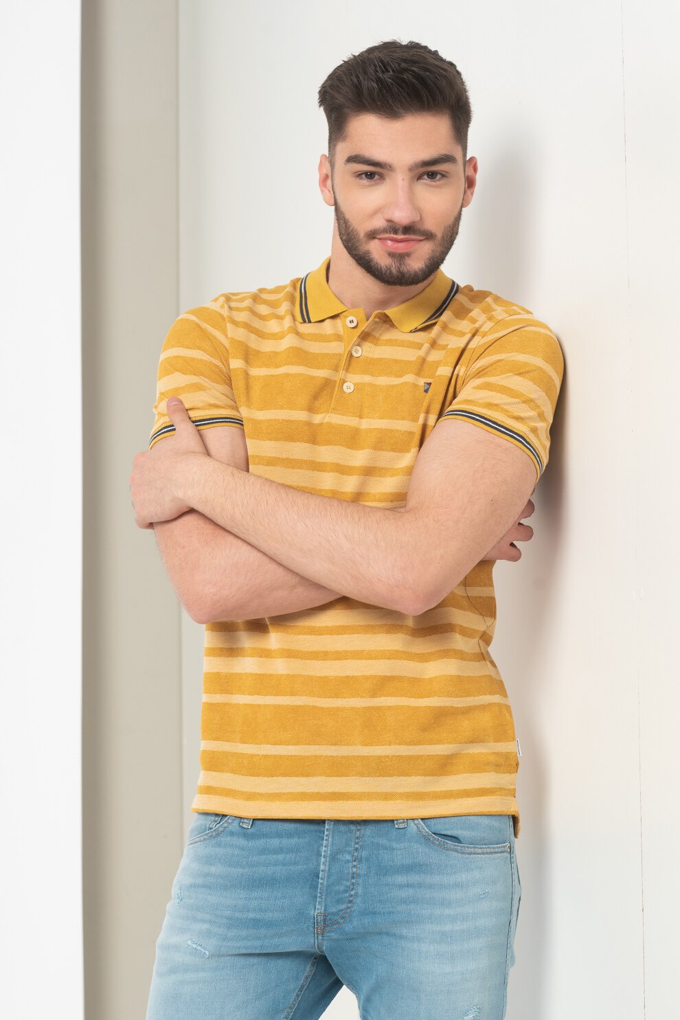 Jack&Jones, Tricou polo cu dungi Bluwin, Ocru/Bleumarin, S