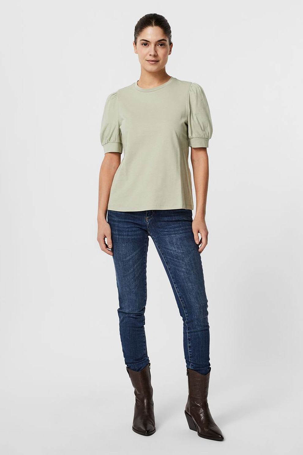 Vero Moda, Tricou din bumbac organic cu maneci bufante, Kaki, XS
