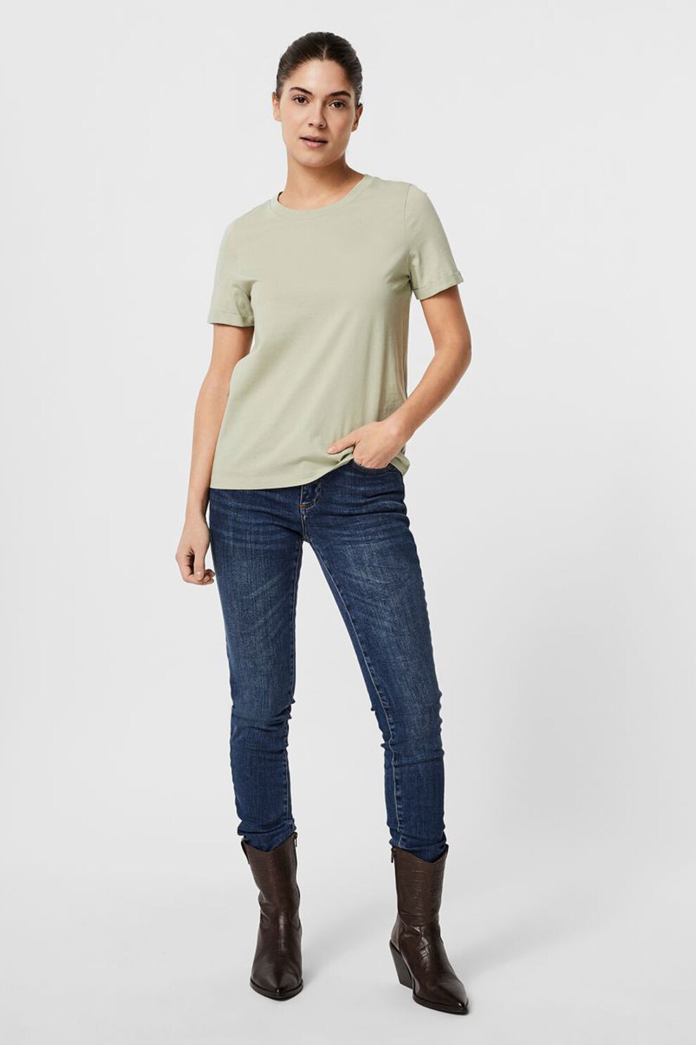 Vero Moda, Tricou de bumbac organic cu decolteu la baza gatului, Kaki