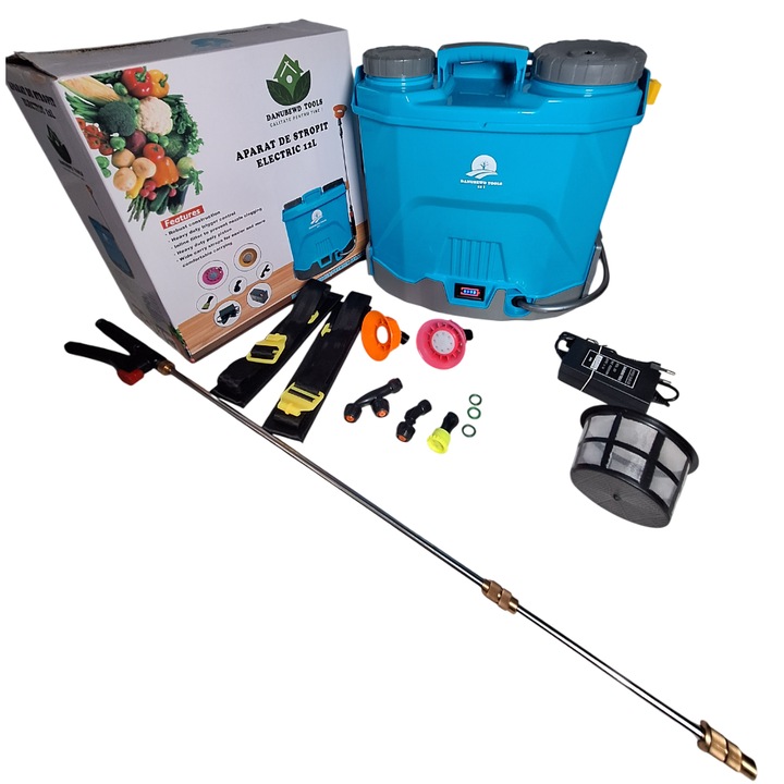 Pompa de stropit electrica DanubewdTools®, 12 litri, acumulator, regulator de presiune, lance inox 100 cm extensibila, sita filtrare, 5 +1 duze incluse, Albastra