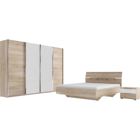 Dormitor Kring Sydney, Pat 160x200 cm, Dulap usi glisante 315x60x225 cm, 2 Noptiere, Somiera