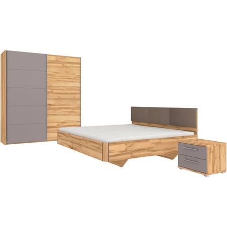 Dormitor Kring Montana, Pat 160x200 cm, Dulap usi glisante 215x60x225 cm, 2 Noptiere, Somiera