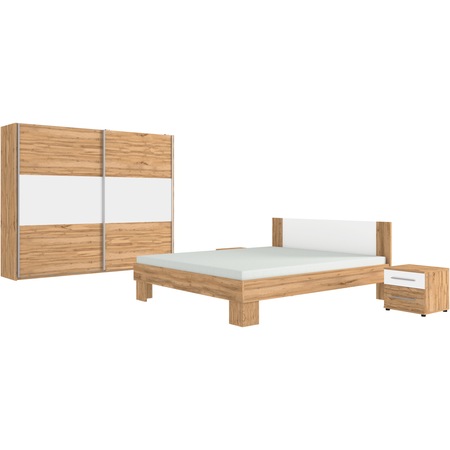 Dormitor Kring Merida, Pat 160x200 cm, Dulap usi glisante 215x60x210 cm, 2 Noptiere, Somiera