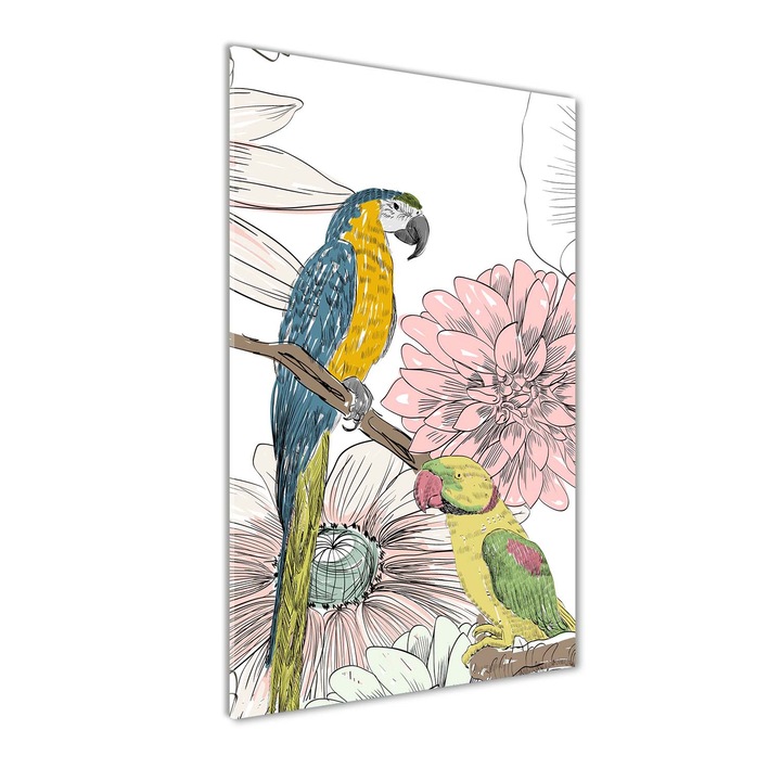 Tablou pe sticla, Tulup, Imagine imprimata sticla, Decorarea peretilor, Papagalii si flori, 60x120 cm