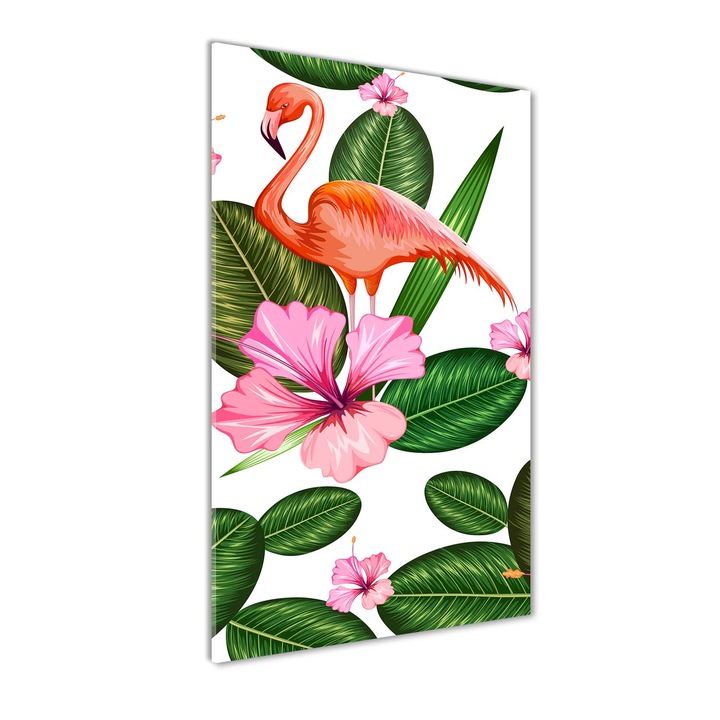 Tablou pe sticla, Tulup, Imagine imprimata sticla, Decorarea peretilor, Flamingos si flori, 60x120 cm