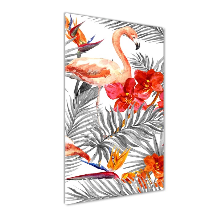Tablou pe sticla, Tulup, Imagine imprimata sticla, Decorarea peretilor, Flamingos si flori, 60x120 cm