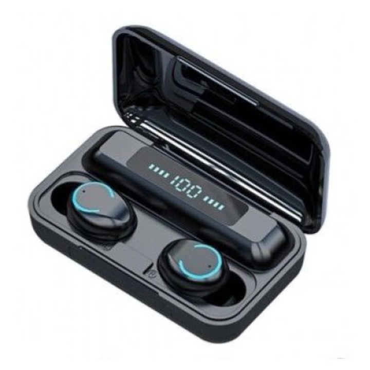 Casti bluetooth EarBuds F9-5, wireless, handsfree, BT 5.0, carcasa cu afisaj LED si capacitate de incarcare telefon 1200mAh, control Touch, incarcare magnetica, compatibil universal, functie reducere zgomot, power bank negru
