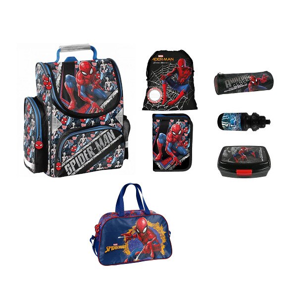 Set rucsac scoala, spiderman, penar, sac pentru pantofi, gaenta sport, husa, sticla de apa, cutie pentru alimente, multicolor