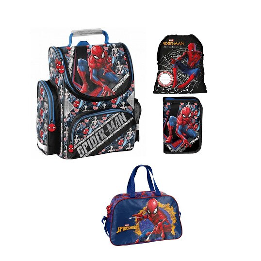 Set rucsac scoala, spiderman, penar, sac pentru pantofi, gaenta sport, multicolor