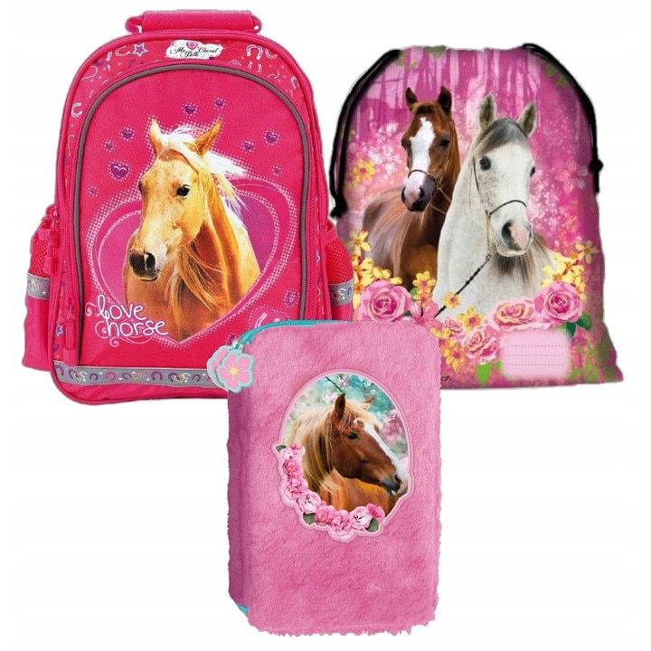 Sec rucsac scoala, cal, penar, geanta pliabila incaltaminte, multicolor