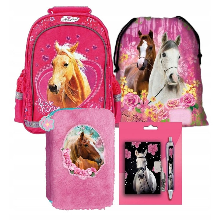 Sec rucsac scoala, cal, penar, geanta pliabila incaltaminte, caiet, pix, multicolor