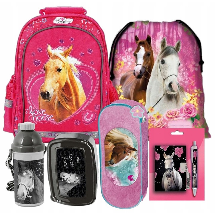 Sec rucsac scoala, cal, husa, geanta pliabila incaltaminte, cutie pentru pranz, sticla de apa, caiet, pix, multicolor