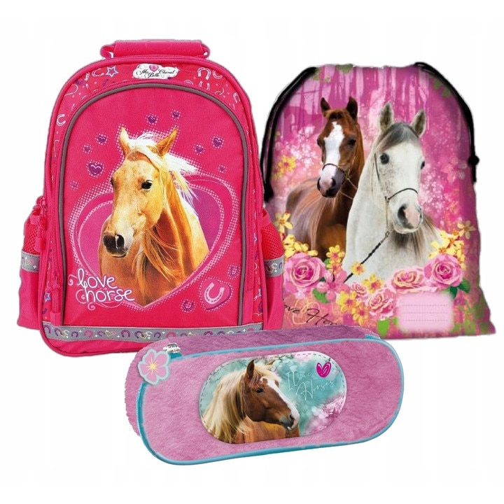 Sec rucsac scoala, cal, husa, geanta pliabila incaltaminte, multicolor