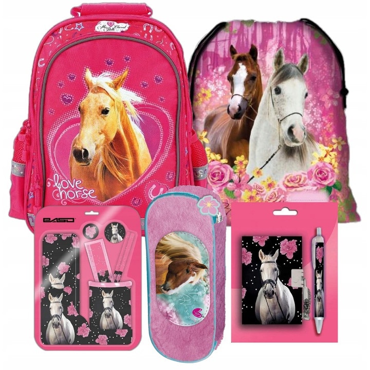 Sec rucsac scoala, cal, husa, geanta pliabila incaltaminte, accesorii, caiet, pix, multicolor