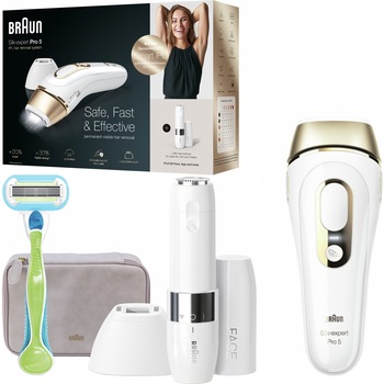 Epilator IPL Braun Silk-expert PRO 5 PL5129 + Mini aparat pentru indepartarea parului facial, SensoAdapt™, 400.000 impulsuri, 10 niveluri de intensitate, corp si fata, cap de precizie, aparat de ras Venus, Trusa de calatorie, Alb/Auriu Epilator IPL Braun Silk-expert PRO 5 PL5129 + Mini aparat pentru indepartarea parului facial, SensoAdapt™, 400.000 impulsuri, 10 niveluri de intensitate, corp si fata, cap de precizie, aparat de ras Venus, Trusa de calatorie, Alb/Auriu