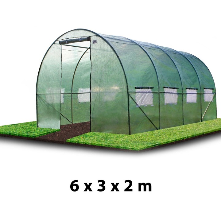 ProCart alagút típusú üvegház, 6x3x2m, fólia UV4 szűrővel, vízálló, ablakok, ajtó, fémkeret 25 mm
