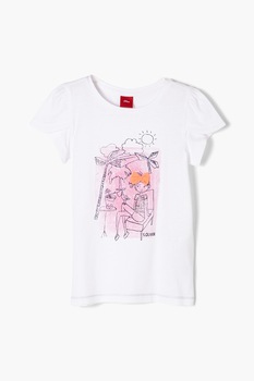 s.Oliver, Tricou cu decolteu la baza gatului si model grafic, Alb, 116-122 CM s.Oliver, Tricou cu decolteu la baza gatului si model grafic, Alb, 116-122 CM