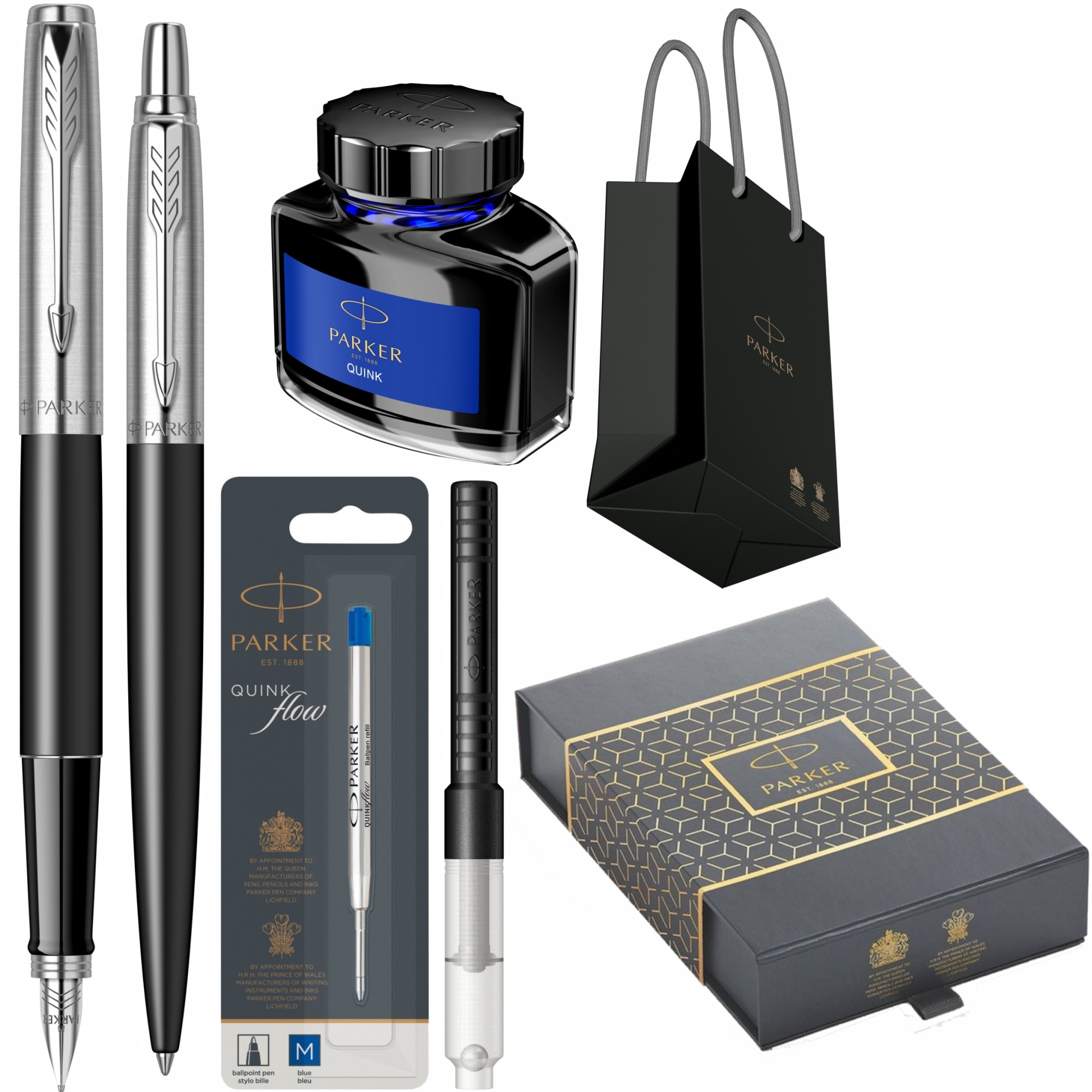 Set Parker Stilou Pix Jotter Royal Bond Street Black CT Personalizat prin Gravura Laser in cutie duo cu rezerva mina pix Quink Flow Albastru M/F, convertor functional, calimara cerneala si punga