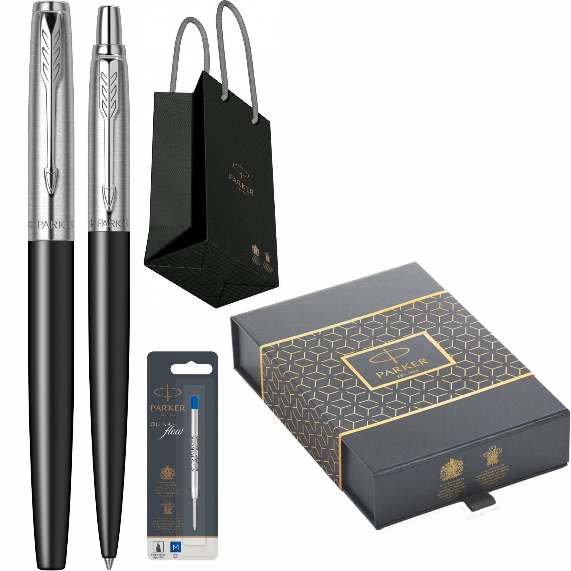 Set Parker Stilou Pix Personalizat prin Gravura Laser Parker Jotter Royal Bond Street Black CT cu rezerva stilou + rezerva mina pix Quink Flow Albastru M/ F in cutie si punga Parker