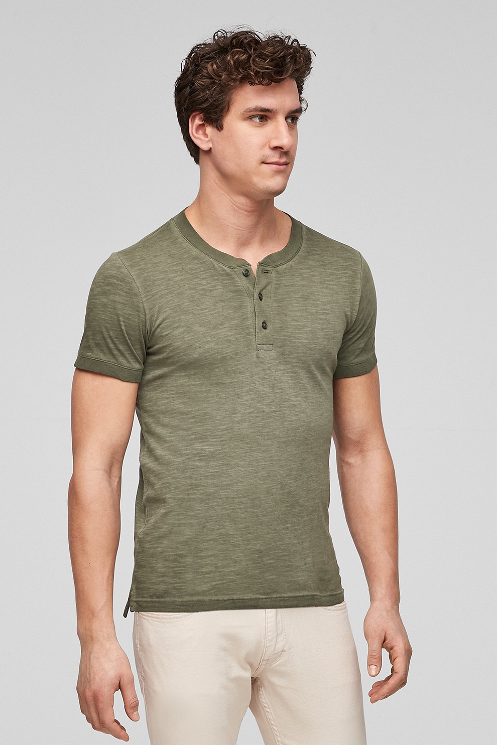 s.Oliver, Tricou de bumbac cu fenta cu nasturi, Kaki