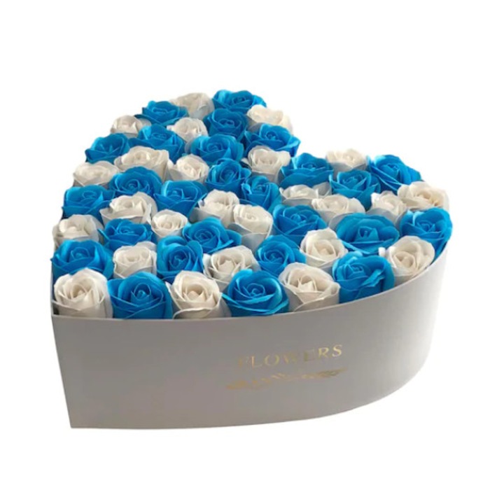 Aranjament floral Heart Passion cutie inima cu 51 trandafiri sapun, alb si albastru