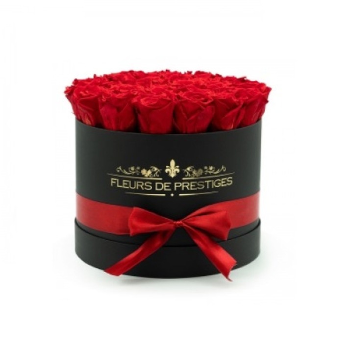 Aranjament floral Red Passion cutie neagra rotunda, 45 trandafiri sapun, rosu