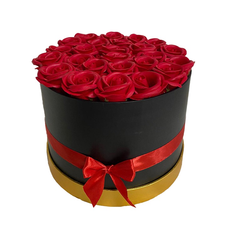 Червена аранжировка пасифлора кръгла черна кутия, 25 сапунени рози, червено