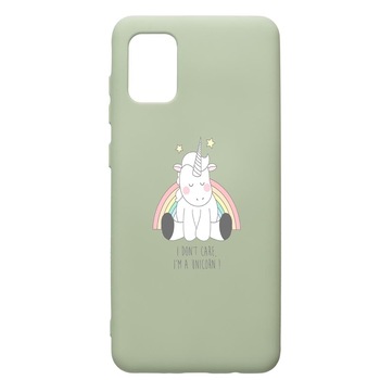 Husa de protectie Samsung Galaxy A71, Unicorn - I Don't Care, silicon, cu interiorul din material textil, protectie camera, Beryl, PGR524 Husa de protectie Samsung Galaxy A71, Unicorn - I Don't Care, silicon, cu interiorul din material textil, protectie camera, Beryl, PGR524