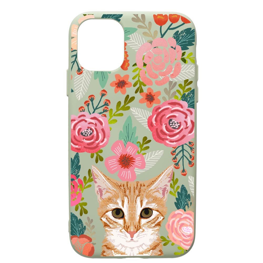 Husa de protectie Apple iPhone 11 Pro Max, Cat in flowers, silicon, cu interiorul din material textil, protectie camera, Beryl, PGR638