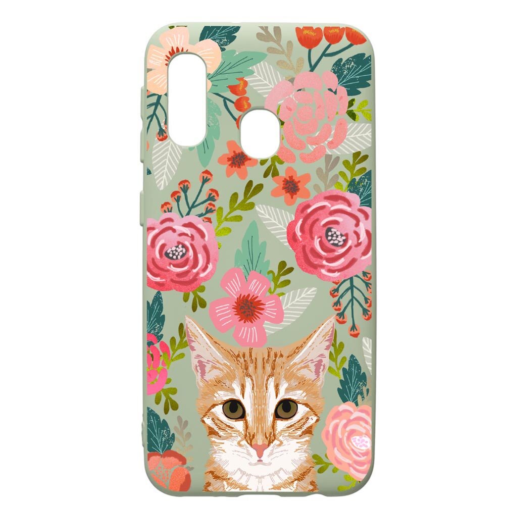 Husa de protectie Samsung Galaxy A20e, Cat in flowers, silicon, cu interiorul din material textil, protectie camera, Beryl, PGR638