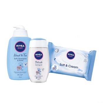 Pachet: Sampon si spuma de baie Nivea Baby cu pompita, 750ml + Ulei de corp Nivea Baby, 200 ml + Servetele Nivea Baby Soft & Cream, 63 buc Pachet: Sampon si spuma de baie Nivea Baby cu pompita, 750ml + Ulei de corp Nivea Baby, 200 ml + Servetele Nivea Baby Soft & Cream, 63 buc