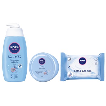 Pachet: Sampon si spumant de baie Nivea Baby, 500ml + Crema Nivea Baby Soft, 200 ml + Servetele Nivea Baby Soft & Cream, 63 buc Pachet: Sampon si spumant de baie Nivea Baby, 500ml + Crema Nivea Baby Soft, 200 ml + Servetele Nivea Baby Soft & Cream, 63 buc