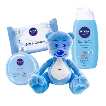 Pachet: Sampon si spumant de baie Nivea Baby, 500ml + Crema Nivea Baby Soft, 200 ml + Servetele Nivea Baby Soft & Cream, 63 buc + Teddy bear Pachet: Sampon si spumant de baie Nivea Baby, 500ml + Crema Nivea Baby Soft, 200 ml + Servetele Nivea Baby Soft & Cream, 63 buc + Teddy bear