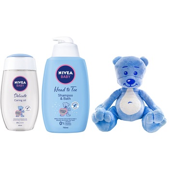 Pachet: Sampon si spuma de baie Nivea Baby cu pompita, 750ml + Ulei de corp Nivea Baby, 200 ml + Teddy bear Pachet: Sampon si spuma de baie Nivea Baby cu pompita, 750ml + Ulei de corp Nivea Baby, 200 ml + Teddy bear