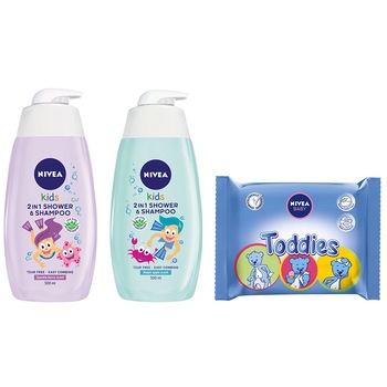 Pachet: Gel de dus si Sampon Nivea Kids, Mar, 500 ml + Gel de dus si Sampon Nivea Baby, Fructe de padure, 500 ml + Servetele Nivea Baby Toddies, 60 buc Pachet: Gel de dus si Sampon Nivea Kids, Mar, 500 ml + Gel de dus si Sampon Nivea Baby, Fructe de padure, 500 ml + Servetele Nivea Baby Toddies, 60 buc