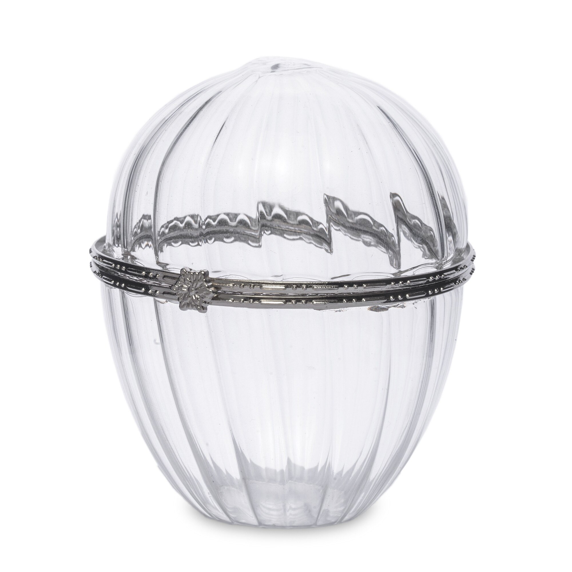 Cutiuta din sticla in forma de ou, margine metalica, 9.5x7.5 cm