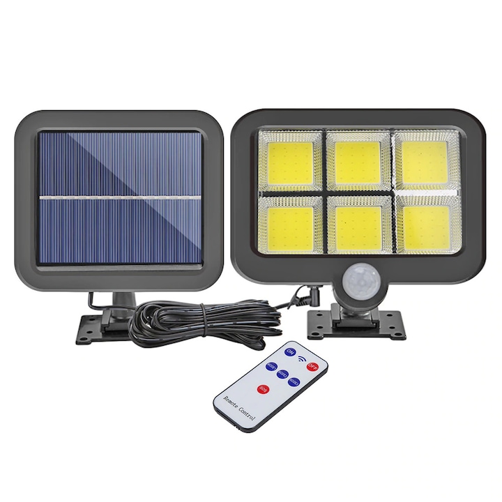 Lampa solara de perete, Huerler BK128, 6 x COB LED, cu panou solar polisiciliu detasabil, senzor miscare, telecomanda, rezistenta la apa, acumulator inclus, negru