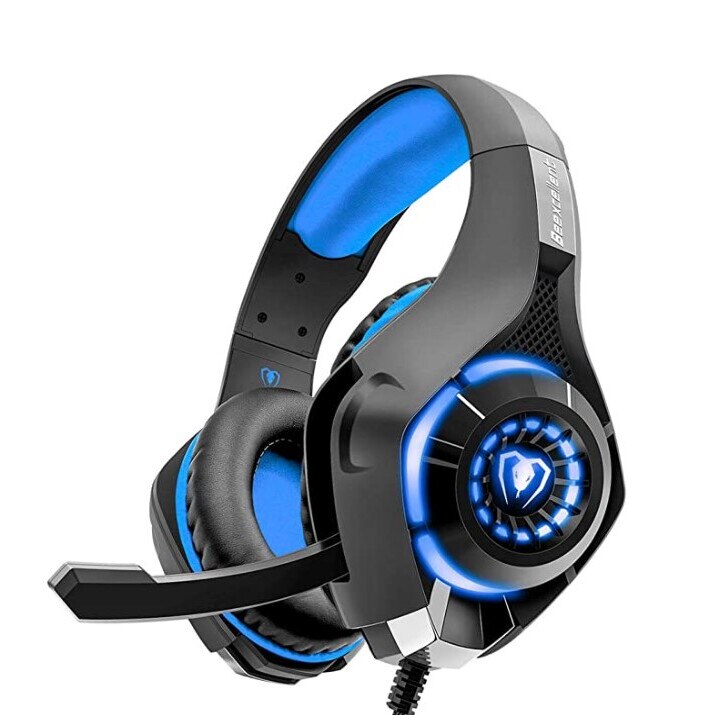 Casti gaming Aletta, Beexcellent, Microfon reglabil cu anulare zgomot, Lumina LED, Stereo Bass, Pentru PS4/Xbox one/Tableta/Laptopt, Albastru/Negru