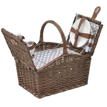 Cos de picnic Brown din rachita cu maner 40cm x 28cm x 26cm echipat pentru 2 persoane Cos de picnic Brown din rachita cu maner 40cm x 28cm x 26cm echipat pentru 2 persoane